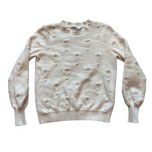 LOFT Cream Textured Bobble Knit Sweater M Floral Pullover Cottagecore Minimalist